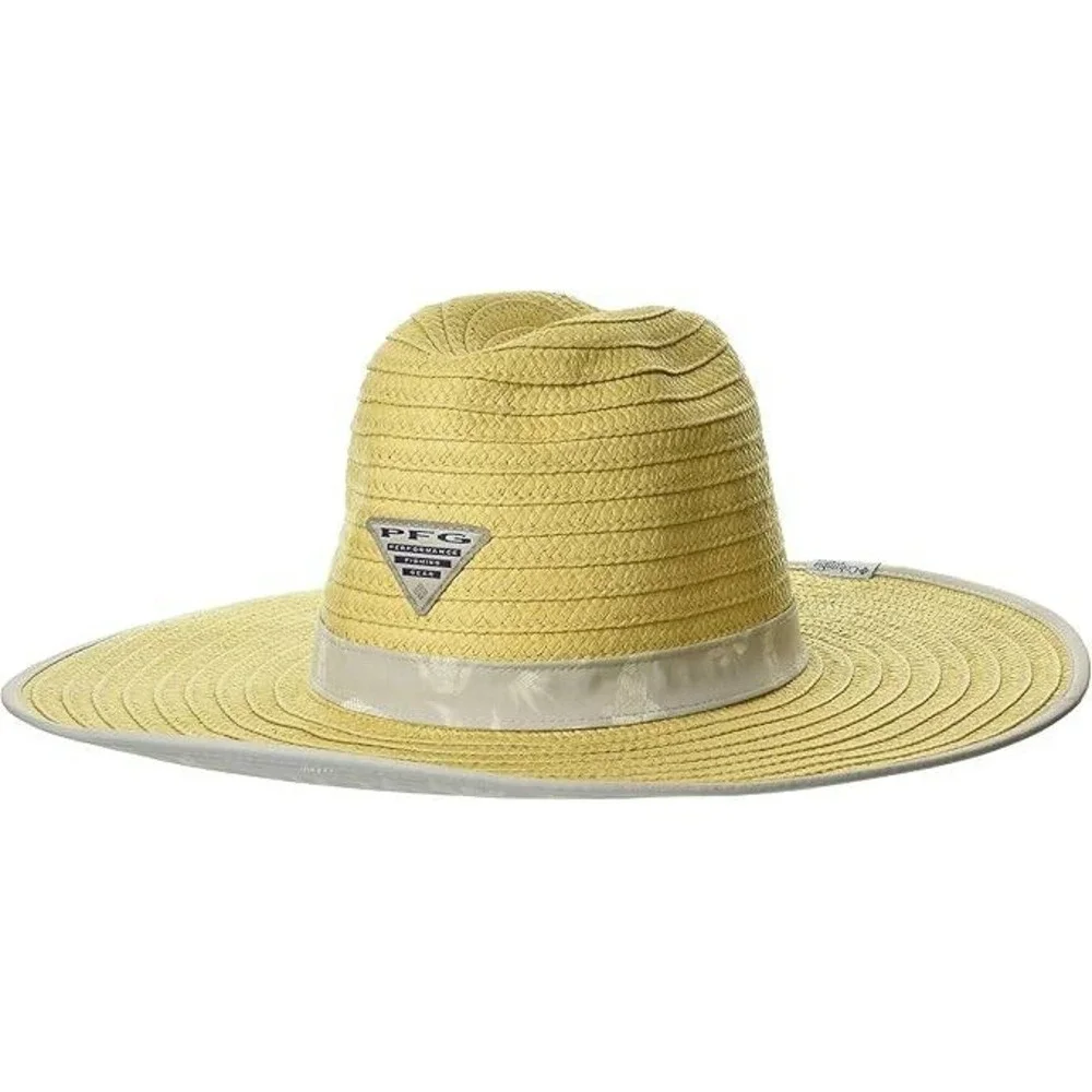 Columbia PFG‎ Baha Straw Sun Hat Cool Grey Reel Shores Print Unisex Wide Brim